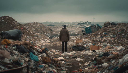 man standing in the middle of garbage dump site