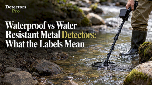 Metal detector coil partly submerged at creek edge