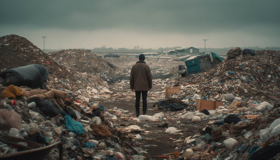 man standing in the middle of garbage dump site