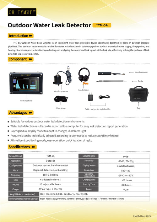 PQWT TYM-5A Pipeline Leakage Plumbing Tools Acoustic Device Underground Walls Pipe Water Leak Detector